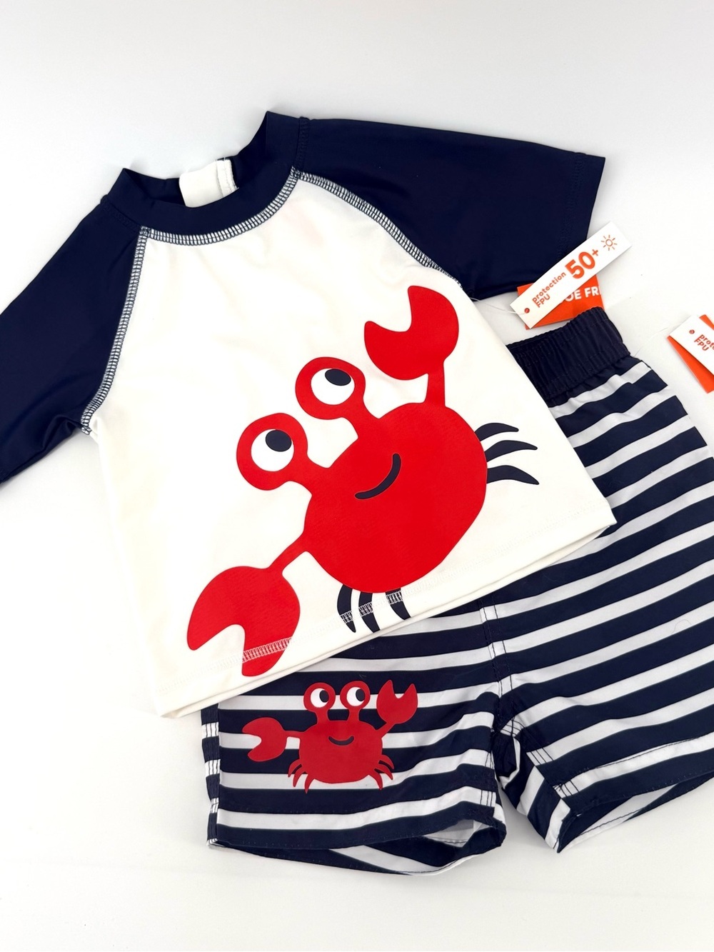 Joe Fresh Baby Boys Rash Guard Swim Set with Red Crab - White/Navy